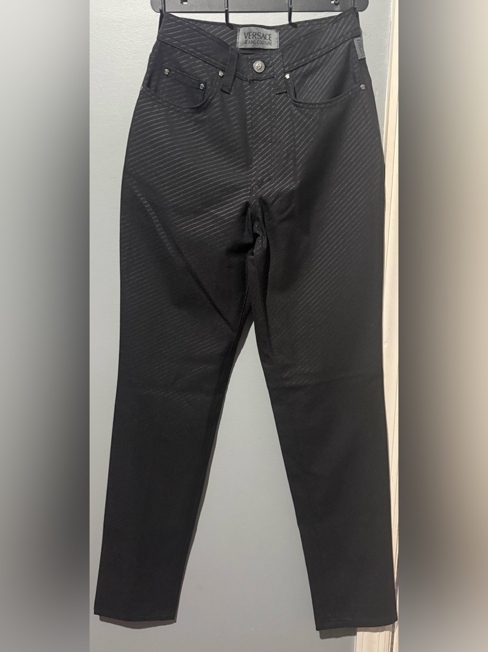 NWOT Vintage 90 Versace Jeans Couture Black Pinstripe Medusa Trousers Italy 26 0